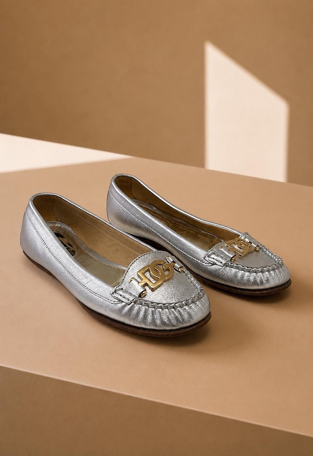 Silver Leather Loafers, Vintage Italian Slip-On Shoes