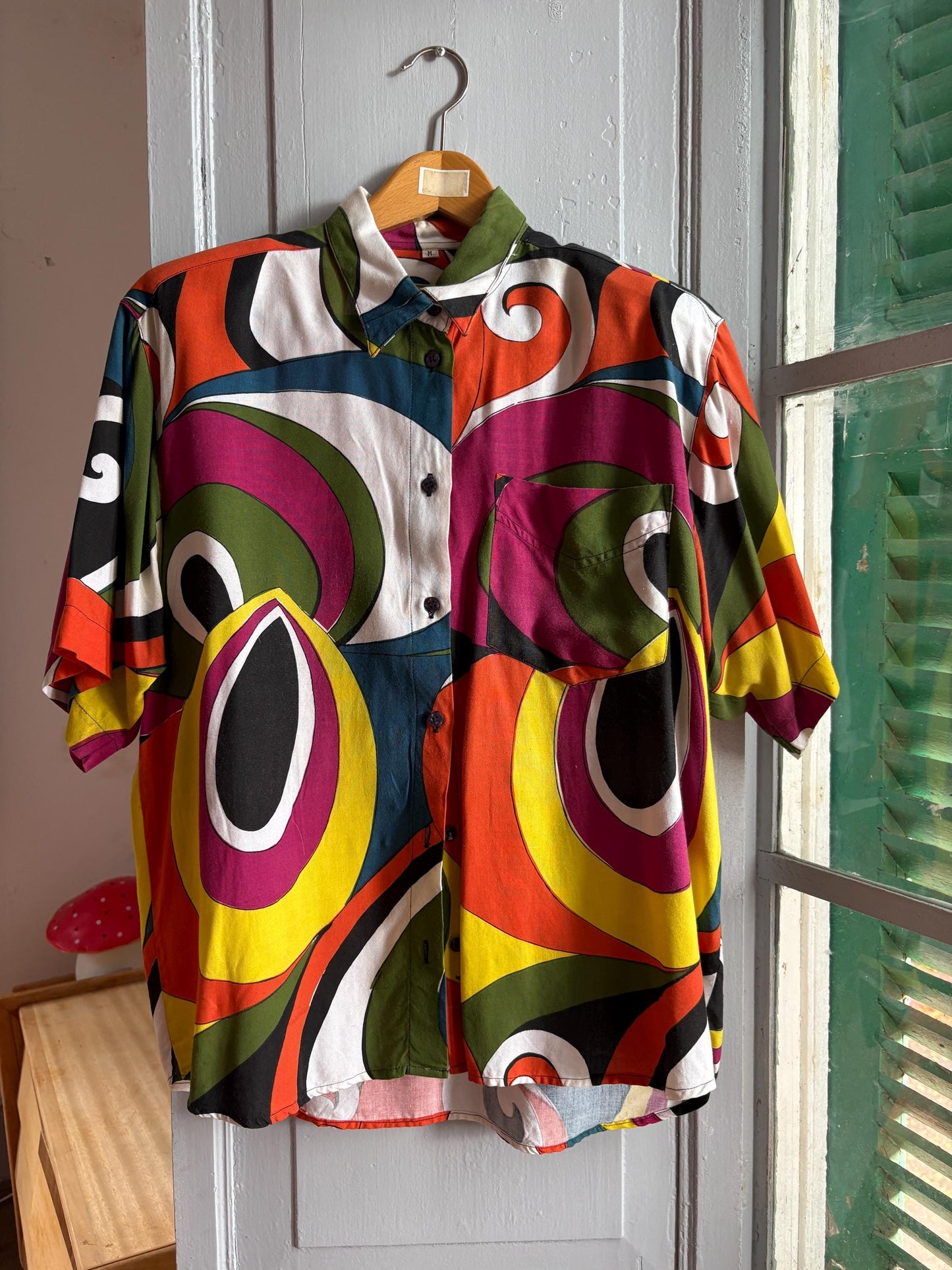 Vintage Abstract Print Viscose Blouse, Colourful Oversized Button Up Shirt, Statement Top, Size L