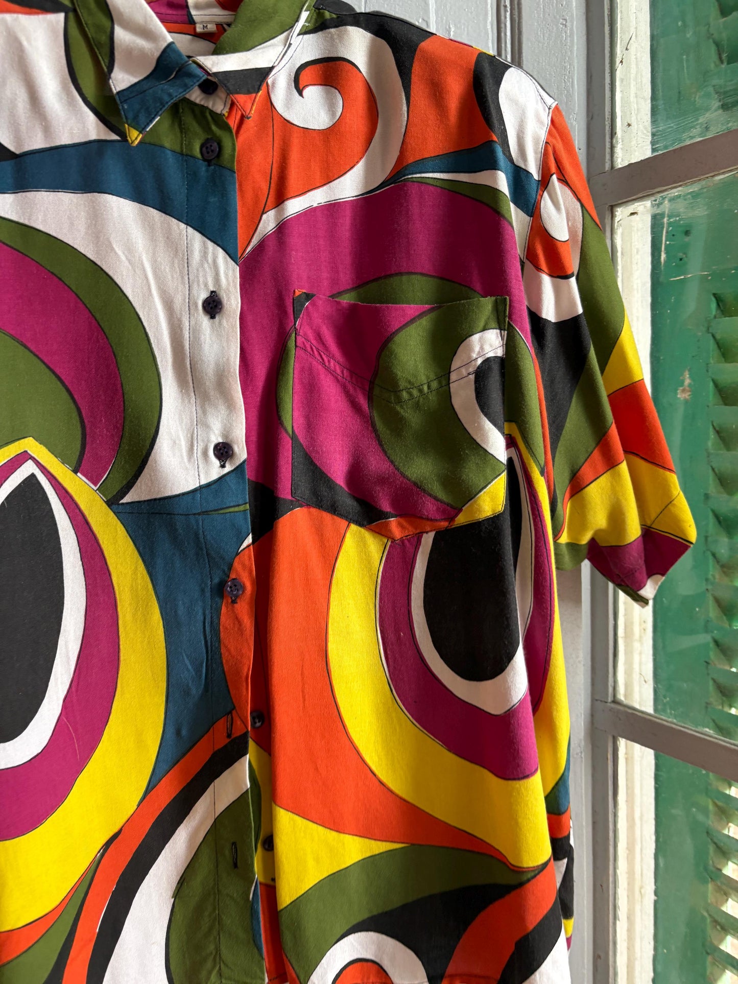 Vintage Abstract Print Viscose Blouse, Colourful Oversized Button Up Shirt, Statement Top, Size L