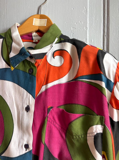 Vintage Abstract Print Viscose Blouse, Colourful Oversized Button Up Shirt, Statement Top, Size L