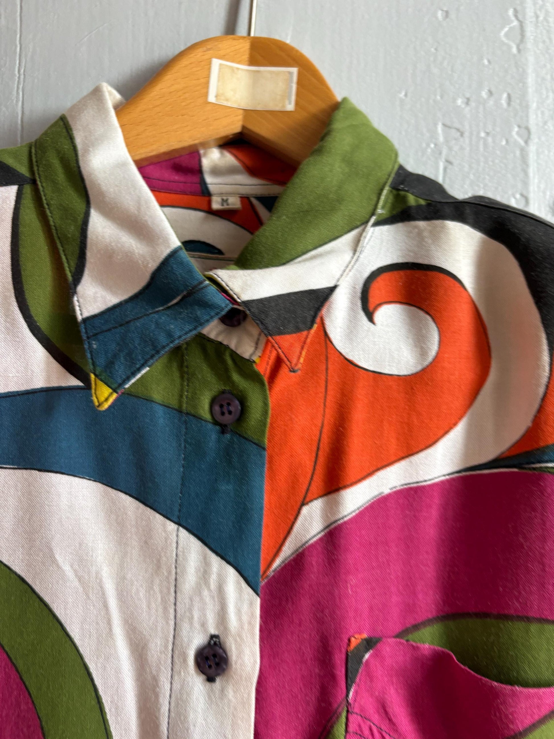 Vintage Abstract Print Viscose Blouse — fabric close-up