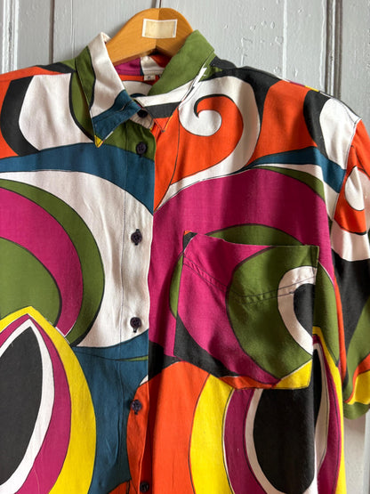 Vintage Abstract Print Viscose Blouse, Colourful Oversized Button Up Shirt, Statement Top, Size L