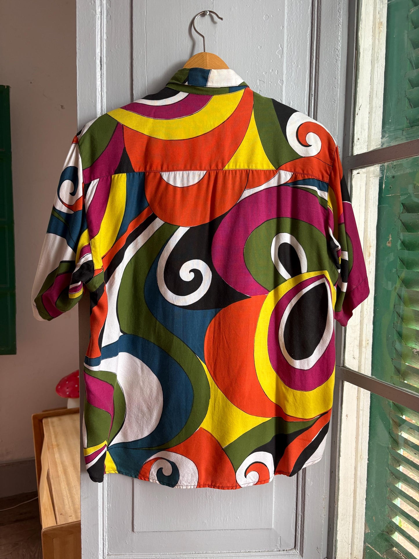 Vintage Abstract Print Viscose Blouse, Colourful Oversized Button Up Shirt, Statement Top, Size L