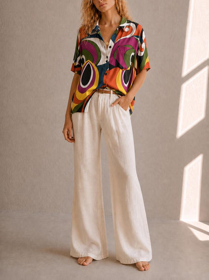 Vintage Abstract Print Viscose Blouse, Colourful Oversized Button Up Shirt, Statement Top, Size L