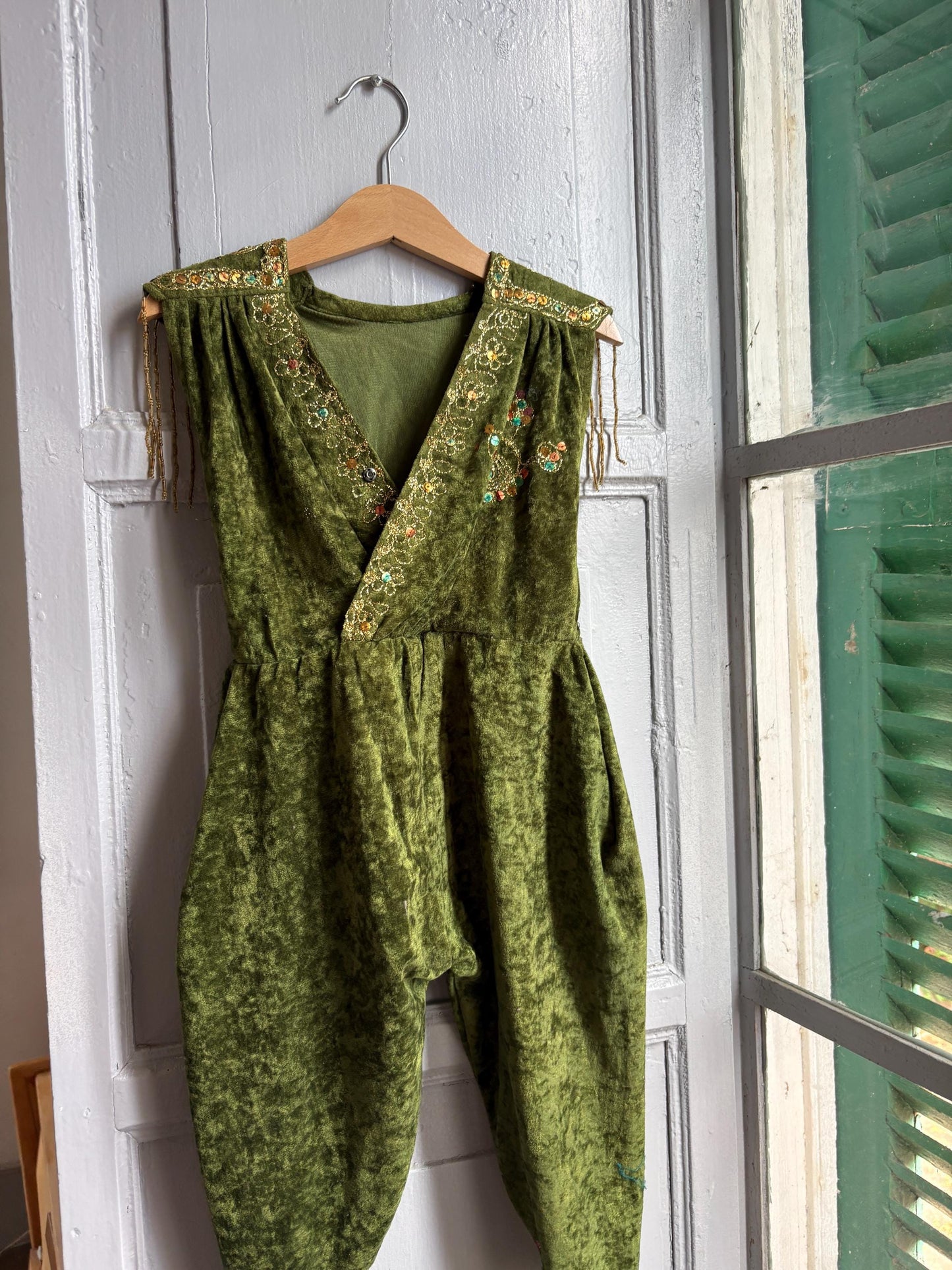 Kids Forest Elf Costume, Green Velvet Beaded Jumpsuit, Fairy Tale Dress Up Outfit, Toddler 2–3 Years