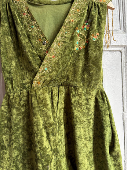 Kids Forest Elf Costume, Green Velvet Beaded Jumpsuit, Fairy Tale Dress Up Outfit, Toddler 2–3 Years