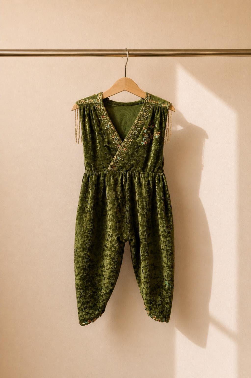 Kids Forest Elf Costume, Green Velvet Beaded Jumpsuit, Fairy Tale Dress Up Outfit, Toddler 2–3 Years