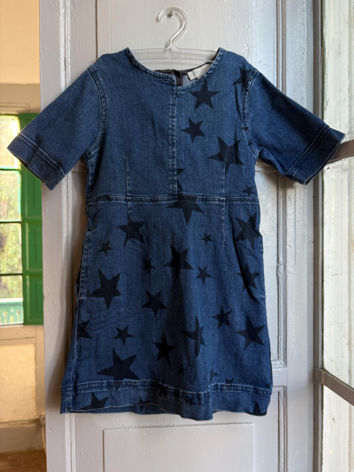 Stella McCartney Kids Denim Dress, Girls Star Print Dress, Designer Denim Dress, Blue Cotton Dress, Size 6 Years