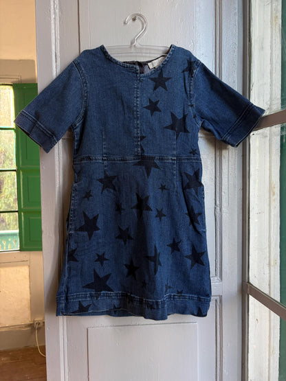 Stella McCartney Kids Denim Dress, Girls Star Print Dress, Designer Denim Dress, Blue Cotton Dress, Size 6 Years