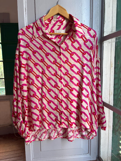 Pink Chain Print Blouse, Y2K Statement Shirt, Retro Barbiecore Top, Oversized Button Up, El Corte Inglés Collection, Dopamine Dressing