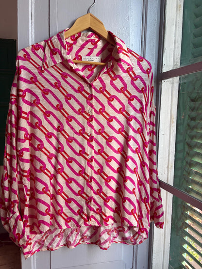 Pink Chain Print Blouse, Y2K Statement Shirt, Retro Barbiecore Top, Oversized Button Up, El Corte Inglés Collection, Dopamine Dressing