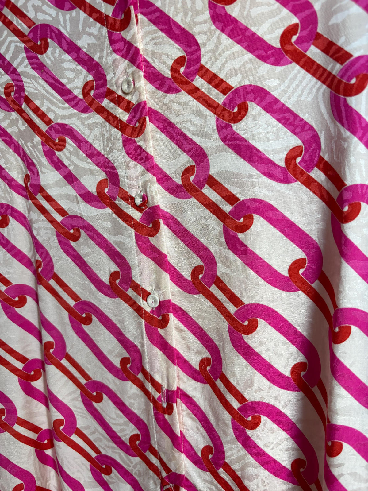 Pink Chain Print Blouse, Y2K Statement Shirt, Retro Barbiecore Top, Oversized Button Up, El Corte Inglés Collection, Dopamine Dressing
