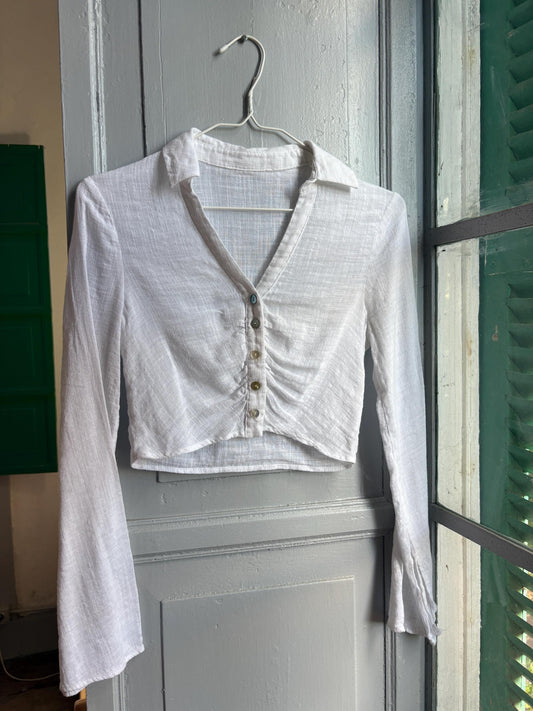 White Cropped Cotton Top, Y2K Button Front Blouse, Cottagecore Summer Top, Lightweight Sheer Shirt, Boho Crop Top, Women's White Blouse