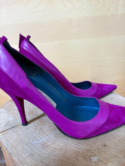 Luxury  Pura López Pink Suede Leather Heels EU 40, Designer Pumps Made in Spain, Fuchsia Stiletto Shoes