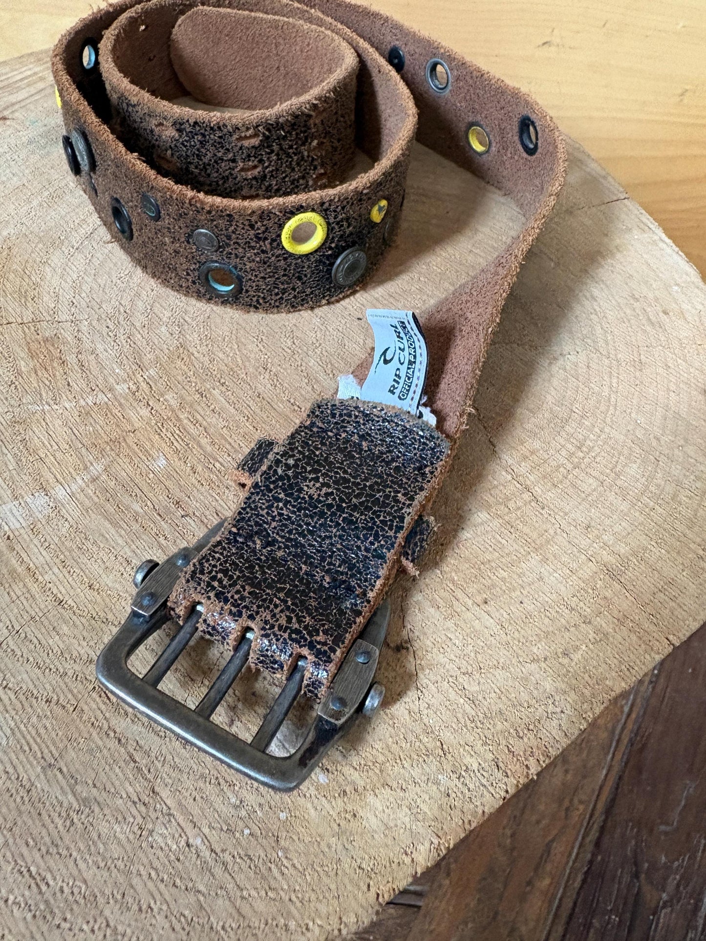 Rip Curl Genuine Leather Belt Brown, Distressed Studded Belt, Surf Style Vintage Leather Belt, Unisex Festival Boho 106 cm