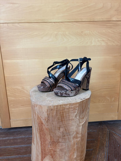 Uterqüe Leather High Heel Sandals EU 37, Made in Spain, Snake Print Block Heels, Designer Strappy Shoes, Luxury Secondhand