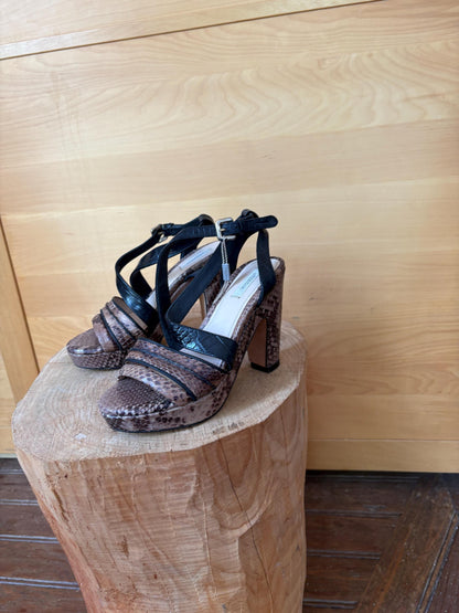 Uterqüe Leather High Heel Sandals EU 37, Made in Spain, Snake Print Block Heels, Designer Strappy Shoes, Luxury Secondhand