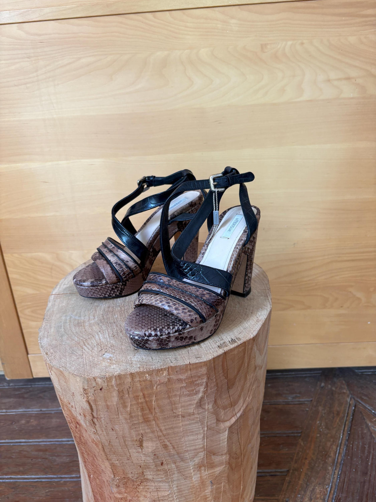 Uterqüe Leather High Heel Sandals EU 37, Made in Spain, Snake Print Block Heels, Designer Strappy Shoes, Luxury Secondhand