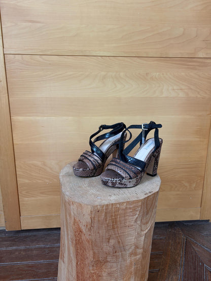 Uterqüe Leather High Heel Sandals EU 37, Made in Spain, Snake Print Block Heels, Designer Strappy Shoes, Luxury Secondhand
