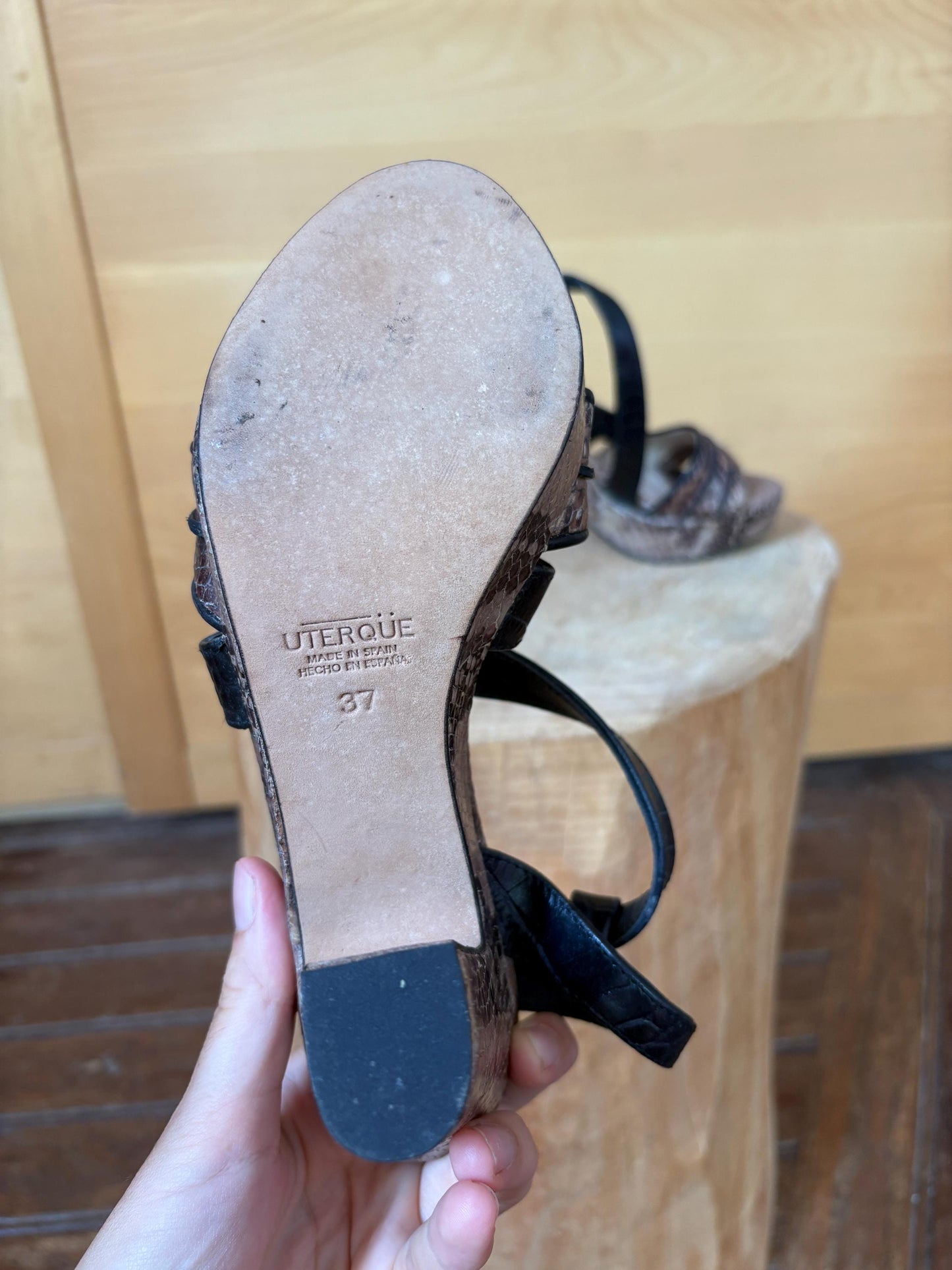 Uterqüe Leather High Heel Sandals EU 37, Made in Spain, Snake Print Block Heels, Designer Strappy Shoes, Luxury Secondhand