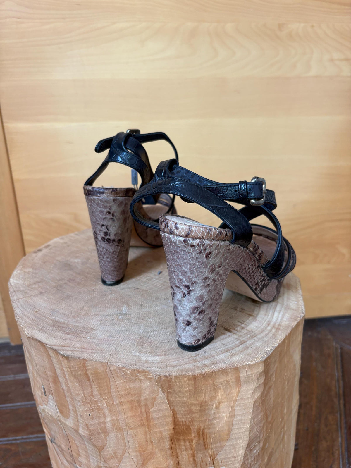 Uterqüe Leather High Heel Sandals EU 37, Made in Spain, Snake Print Block Heels, Designer Strappy Shoes, Luxury Secondhand