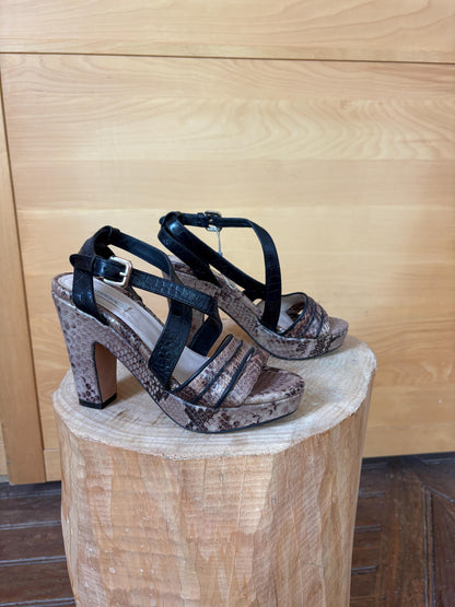 Uterqüe Leather High Heel Sandals EU 37, Made in Spain, Snake Print Block Heels, Designer Strappy Shoes, Luxury Secondhand
