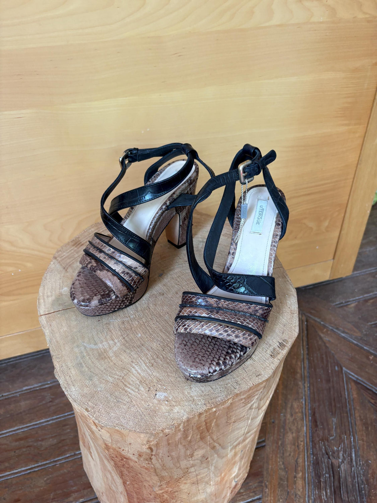 Uterqüe Leather High Heel Sandals EU 37, Made in Spain, Snake Print Block Heels, Designer Strappy Shoes, Luxury Secondhand