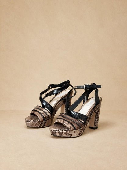 Uterqüe Leather High Heel Sandals EU 37, Made in Spain, Snake Print Block Heels, Designer Strappy Shoes, Luxury Secondhand