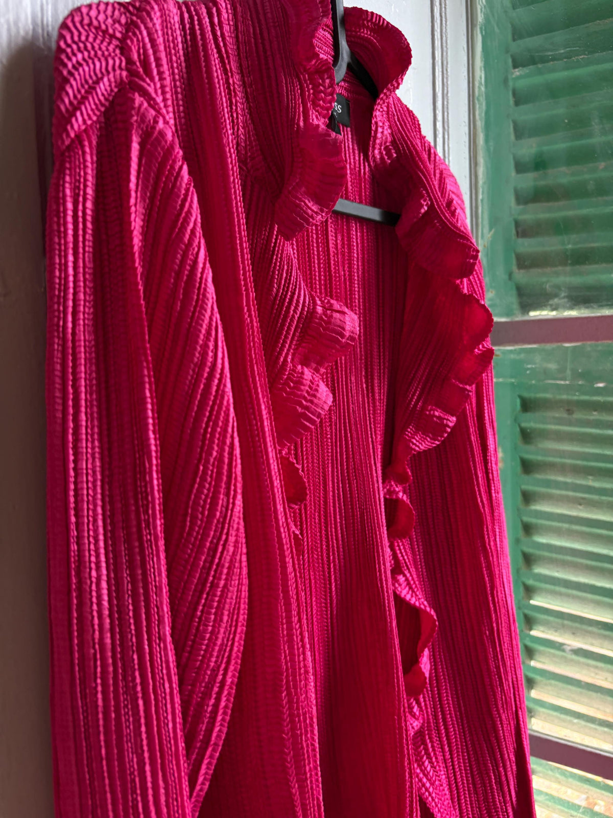 KRISS Sweden Fuchsia Ruffle Blouse, Barbiecore Pink Pleated Top, Y2K Statement Shirt, Women’s M/L
