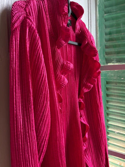 KRISS Sweden Fuchsia Ruffle Blouse, Barbiecore Pink Pleated Top, Y2K Statement Shirt, Women’s M/L