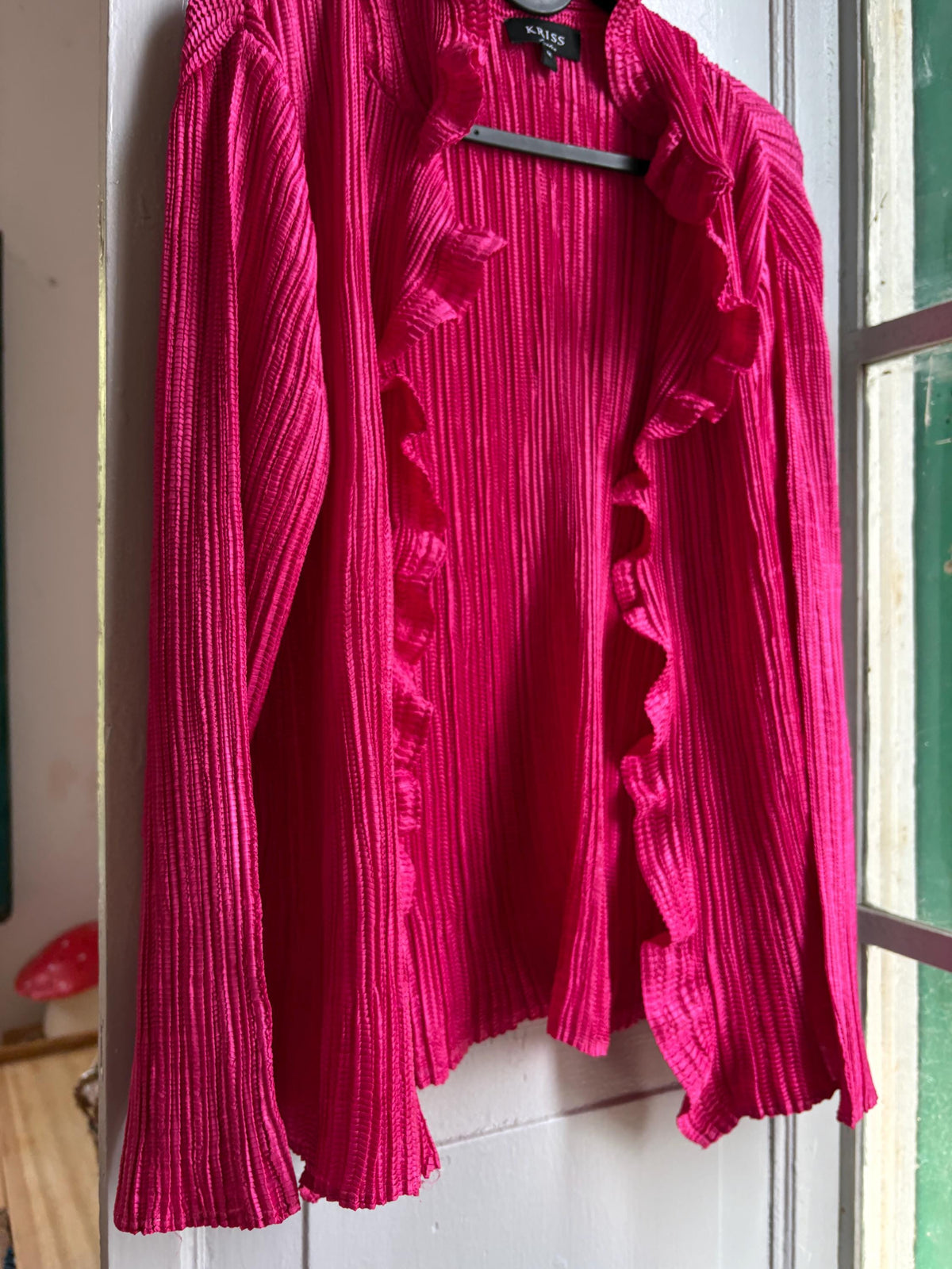 KRISS Sweden Fuchsia Ruffle Blouse, Barbiecore Pink Pleated Top, Y2K Statement Shirt, Women’s M/L
