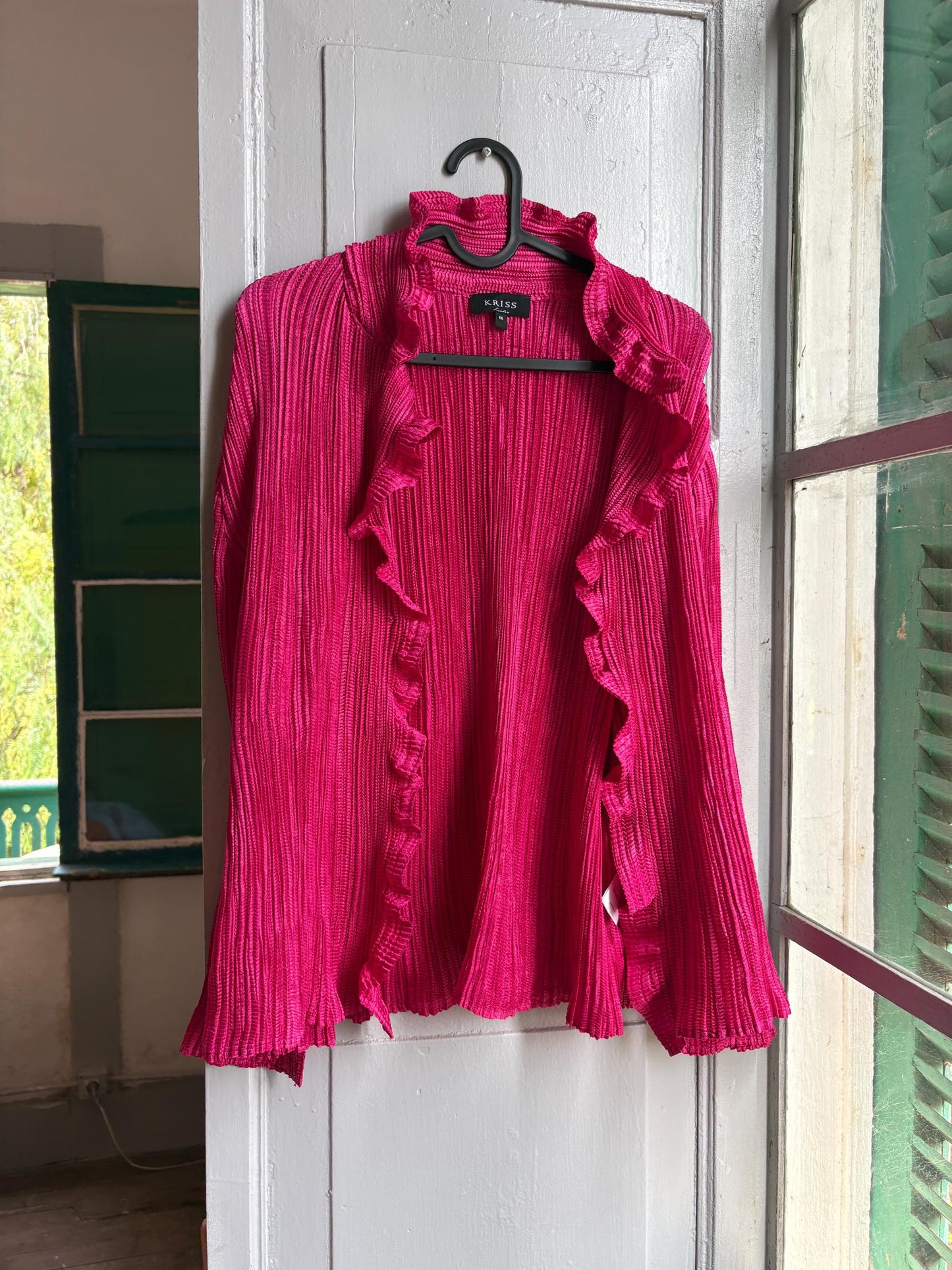 KRISS Sweden Fuchsia Ruffle Blouse, Barbiecore Pink Pleated Top, Y2K Statement Shirt, Women’s M/L
