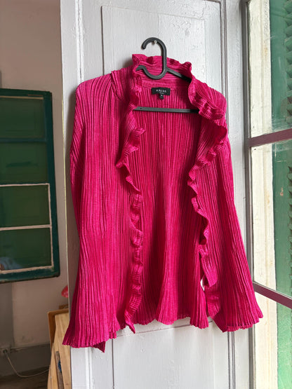 KRISS Sweden Fuchsia Ruffle Blouse, Barbiecore Pink Pleated Top, Y2K Statement Shirt, Women’s M/L