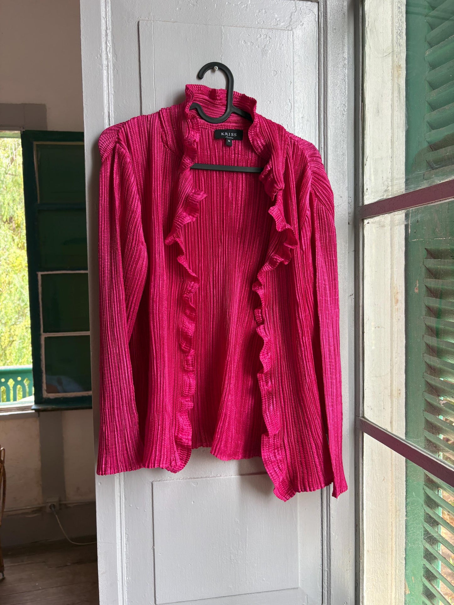KRISS Sweden Fuchsia Ruffle Blouse, Barbiecore Pink Pleated Top, Y2K Statement Shirt, Women’s M/L