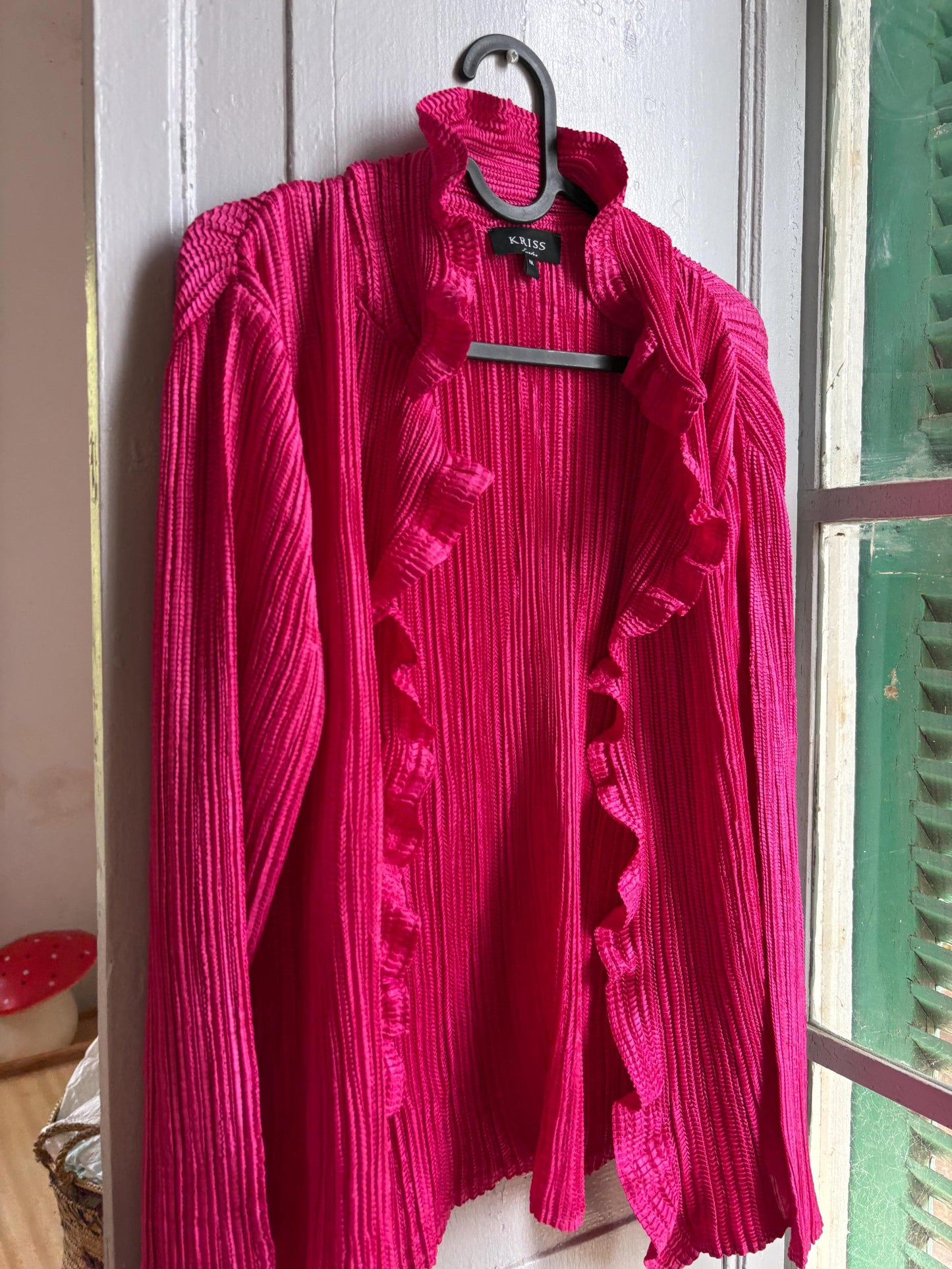 KRISS Sweden Fuchsia Ruffle Blouse, Barbiecore Pink Pleated Top, Y2K Statement Shirt, Women’s M/L