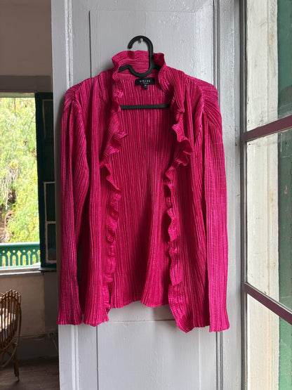 KRISS Sweden Fuchsia Ruffle Blouse, Barbiecore Pink Pleated Top, Y2K Statement Shirt, Women’s M/L