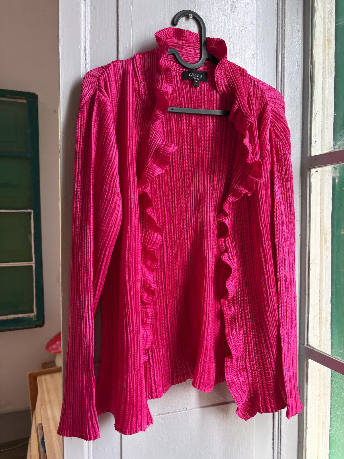 KRISS Sweden Fuchsia Ruffle Blouse, Barbiecore Pink Pleated Top, Y2K Statement Shirt, Women’s M/L
