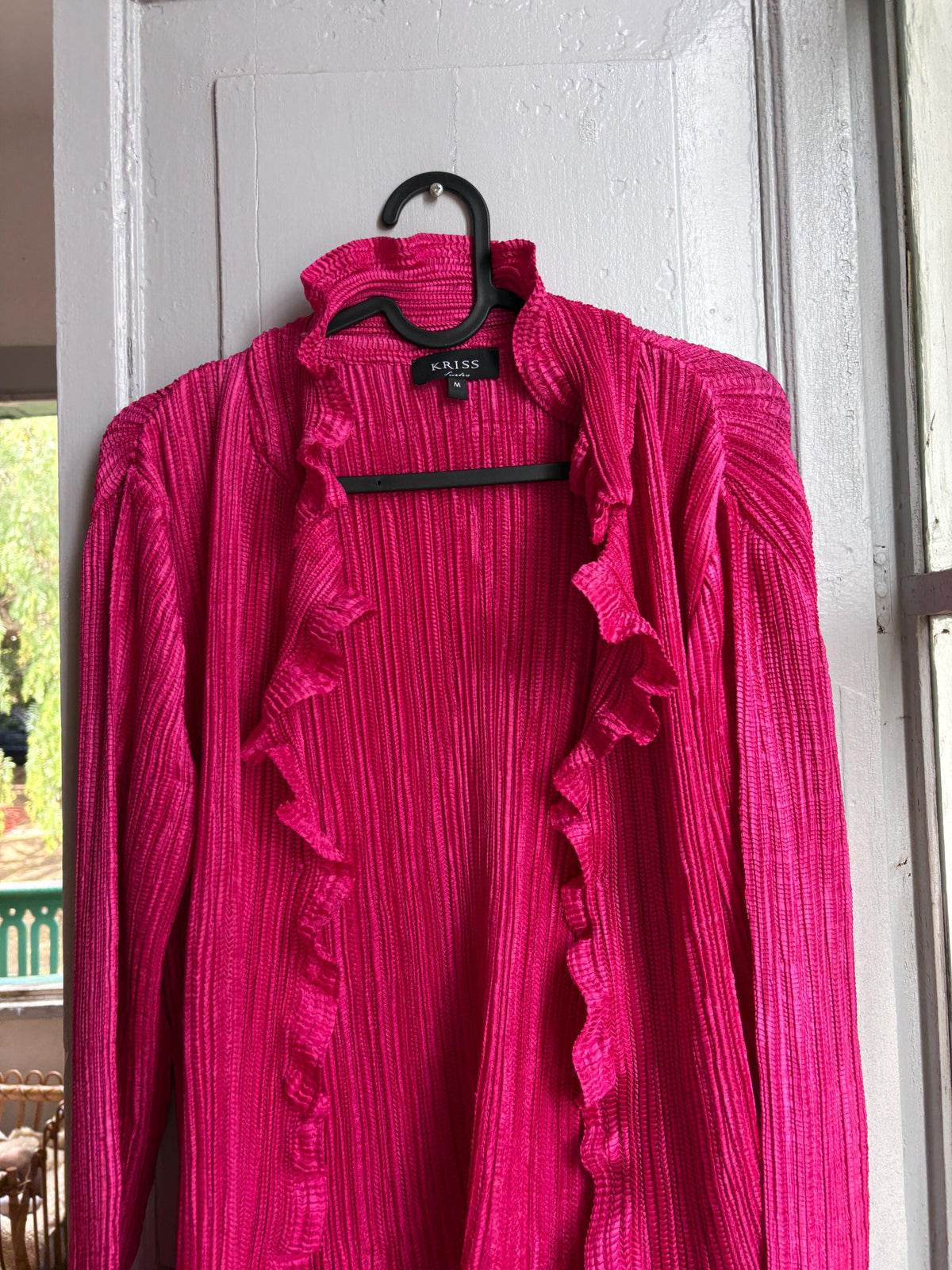 KRISS Sweden Fuchsia Ruffle Blouse, Barbiecore Pink Pleated Top, Y2K Statement Shirt, Women’s M/L