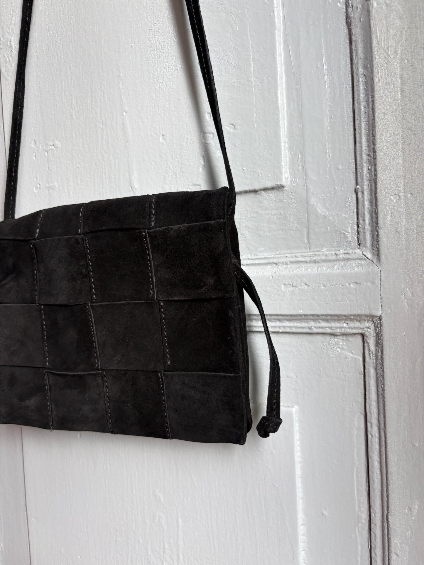 Black Suede Patchwork Crossbody Bag, Genuine Leather Shoulder Purse, Minimalist 90s Boho Everyday Bag
