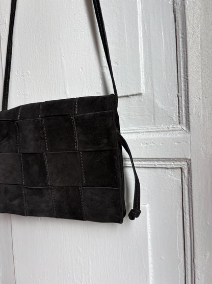 Black Suede Patchwork Crossbody Bag, Genuine Leather Shoulder Purse, Minimalist 90s Boho Everyday Bag