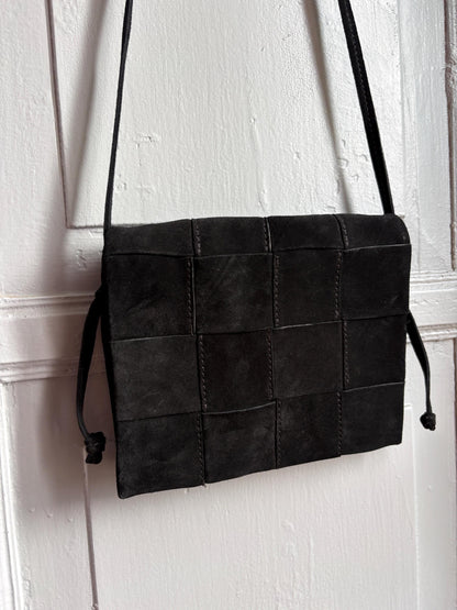 Black Suede Patchwork Crossbody Bag, Genuine Leather Shoulder Purse, Minimalist 90s Boho Everyday Bag