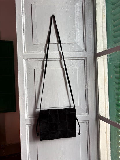 Black Suede Patchwork Crossbody Bag — back view