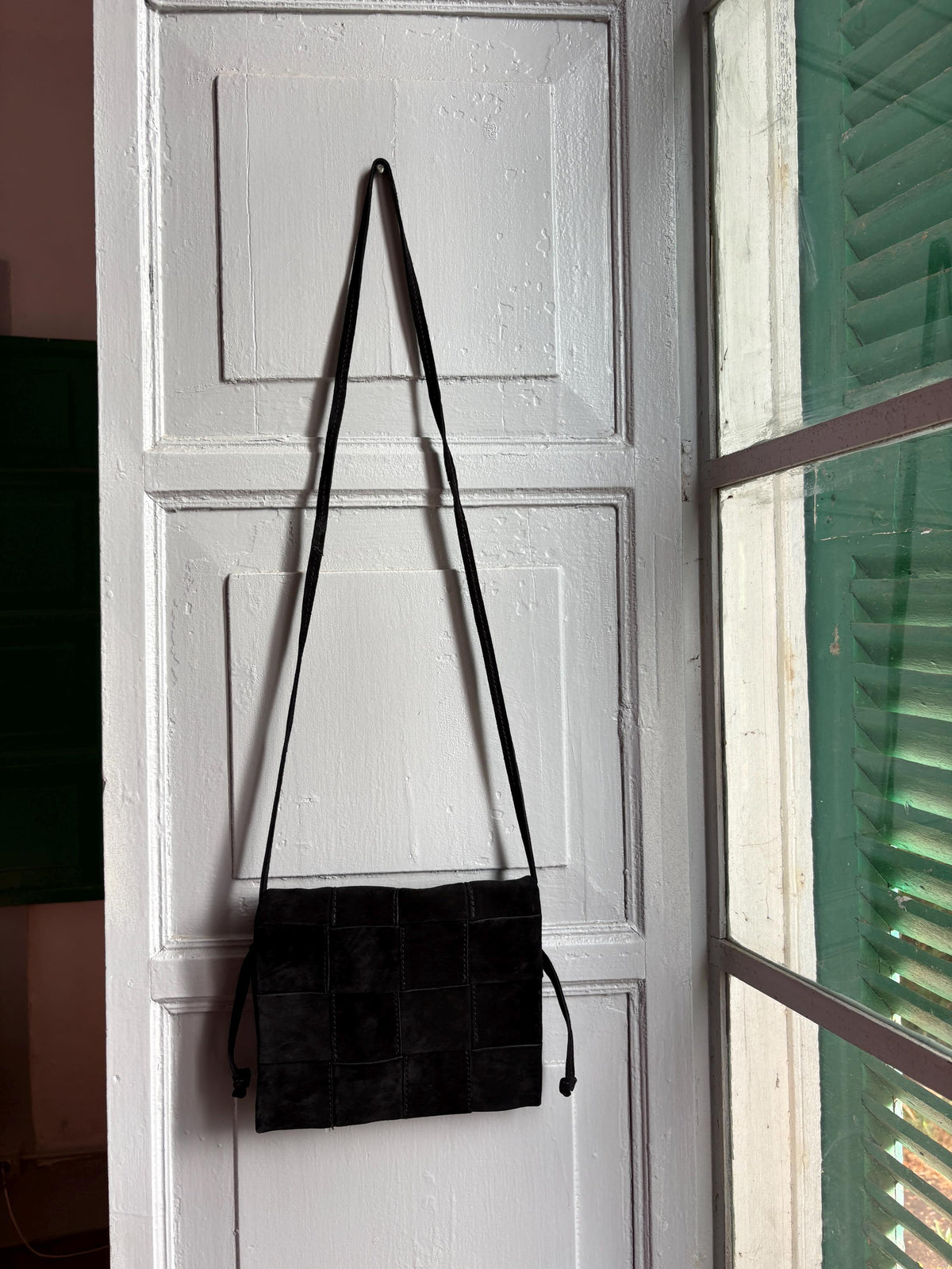 Black Suede Patchwork Crossbody Bag, Genuine Leather Shoulder Purse, Minimalist 90s Boho Everyday Bag