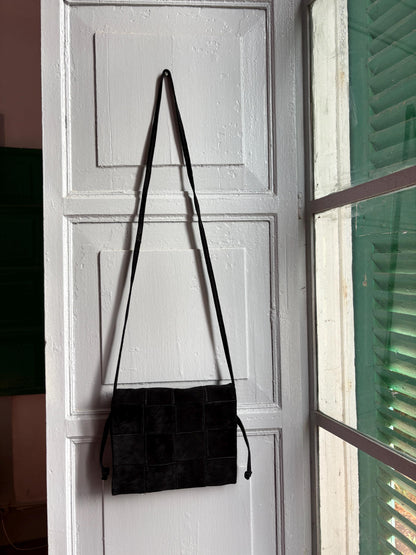 Black Suede Patchwork Crossbody Bag, Genuine Leather Shoulder Purse, Minimalist 90s Boho Everyday Bag