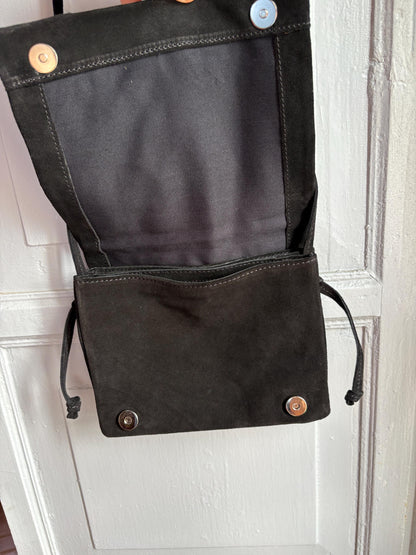 Black Suede Patchwork Crossbody Bag, Genuine Leather Shoulder Purse, Minimalist 90s Boho Everyday Bag
