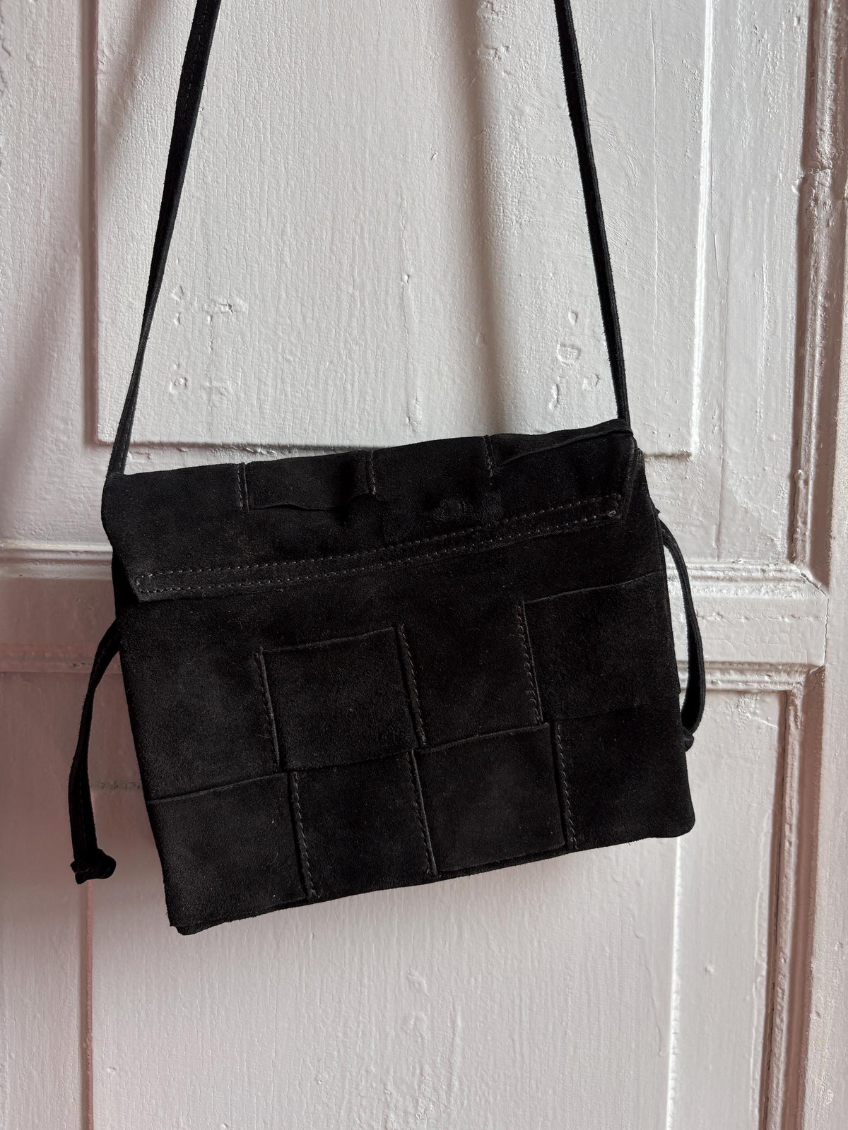 Black Suede Patchwork Crossbody Bag — fabric close-up