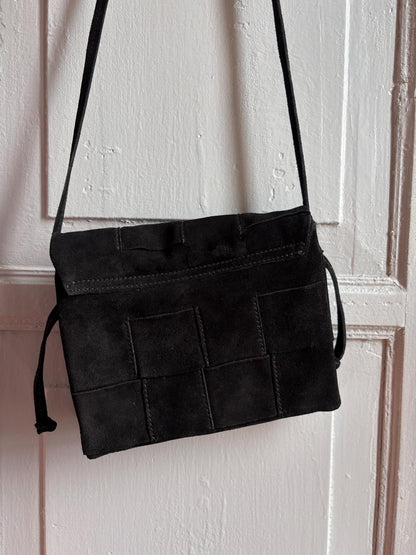 Black Suede Patchwork Crossbody Bag — fabric close-up