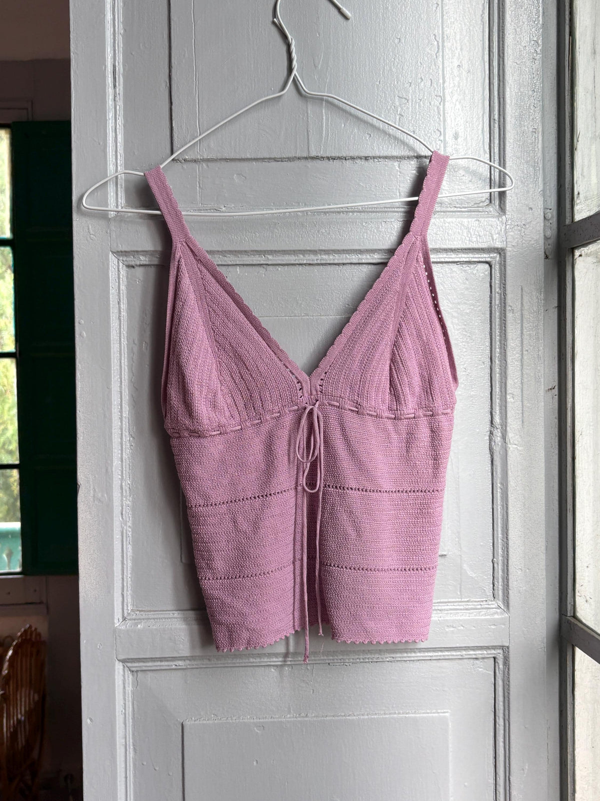 Y2K Knit Camisole Top, Pink Tie Front Tank, Boho Crochet Look Cami, Festival Summer Top, Women's XS
