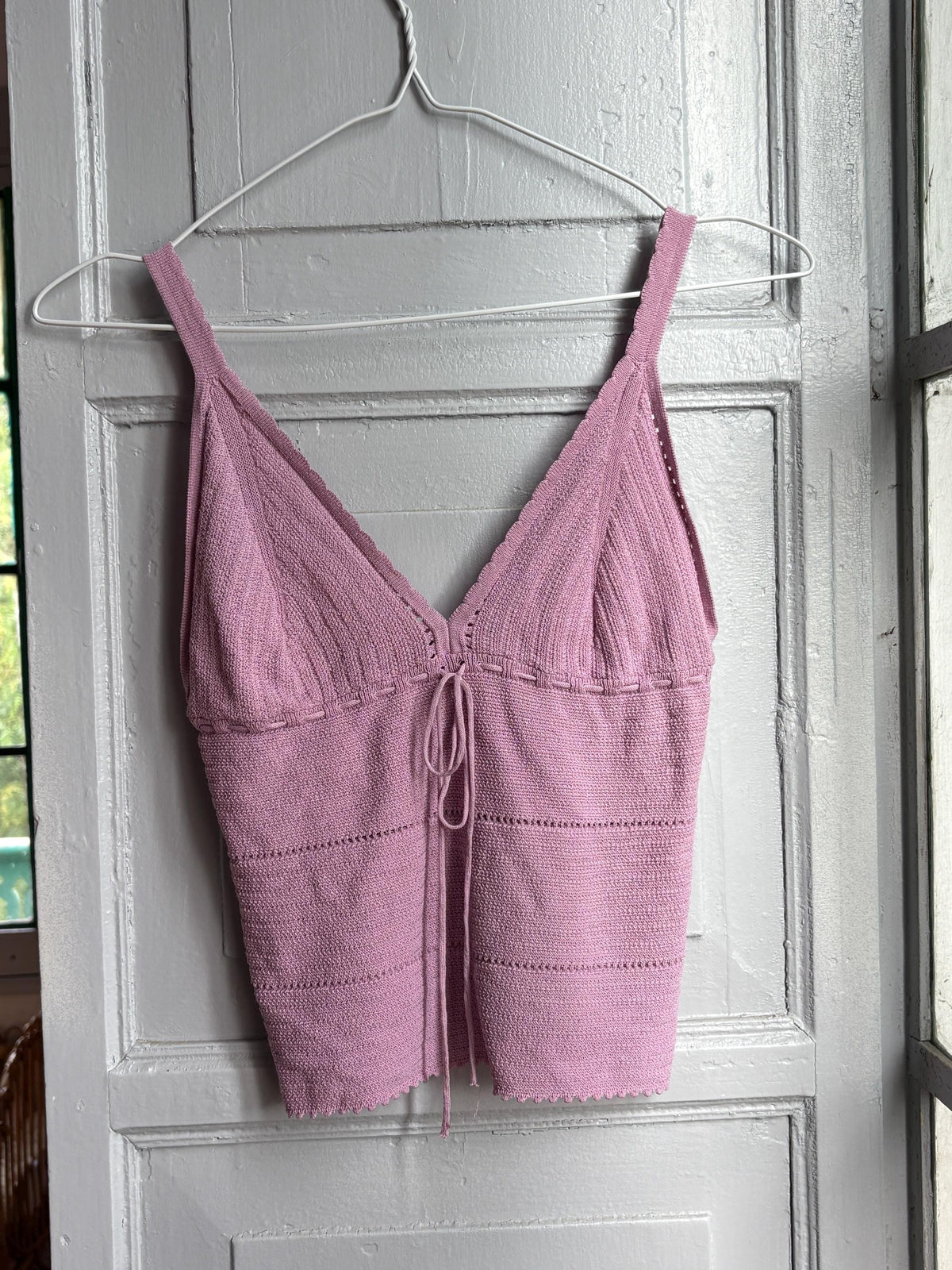 Y2K Knit Camisole Top, Pink Tie Front Tank, Boho Crochet Look Cami, Festival Summer Top, Women's XS