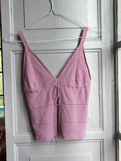 Y2K Knit Camisole Top, Pink Tie Front Tank, Boho Crochet Look Cami, Festival Summer Top, Women's XS
